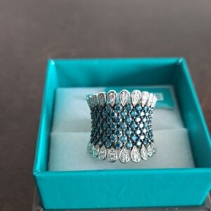 14k White Gold Effy Blue and White Diamond Ring with Intricate Detailing